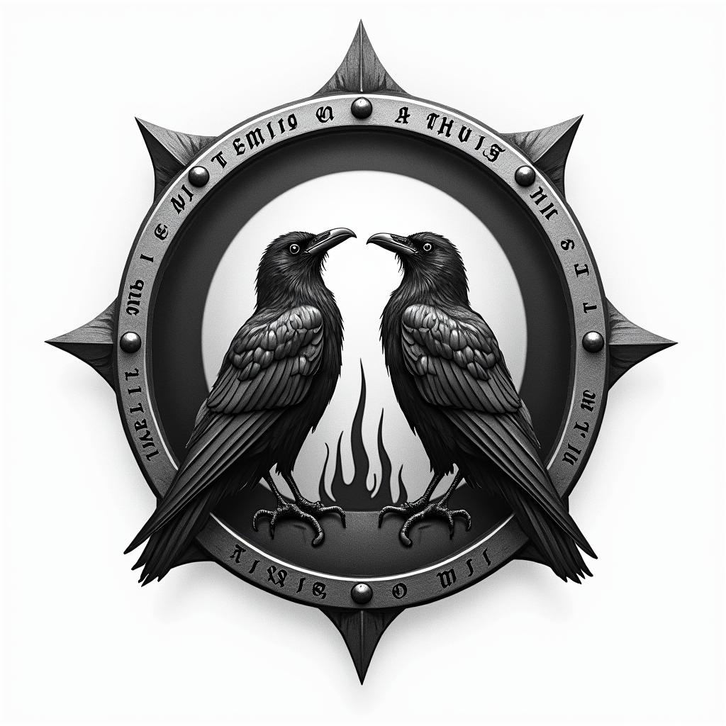 Viking shield with writing going around the inside edge “In Ellis We Trust” on the right side and “In Rose We Trust” on the left side, with two Ravens side by side in the middle with a fire background and moonhigly detailed tattoo - Variation 8
