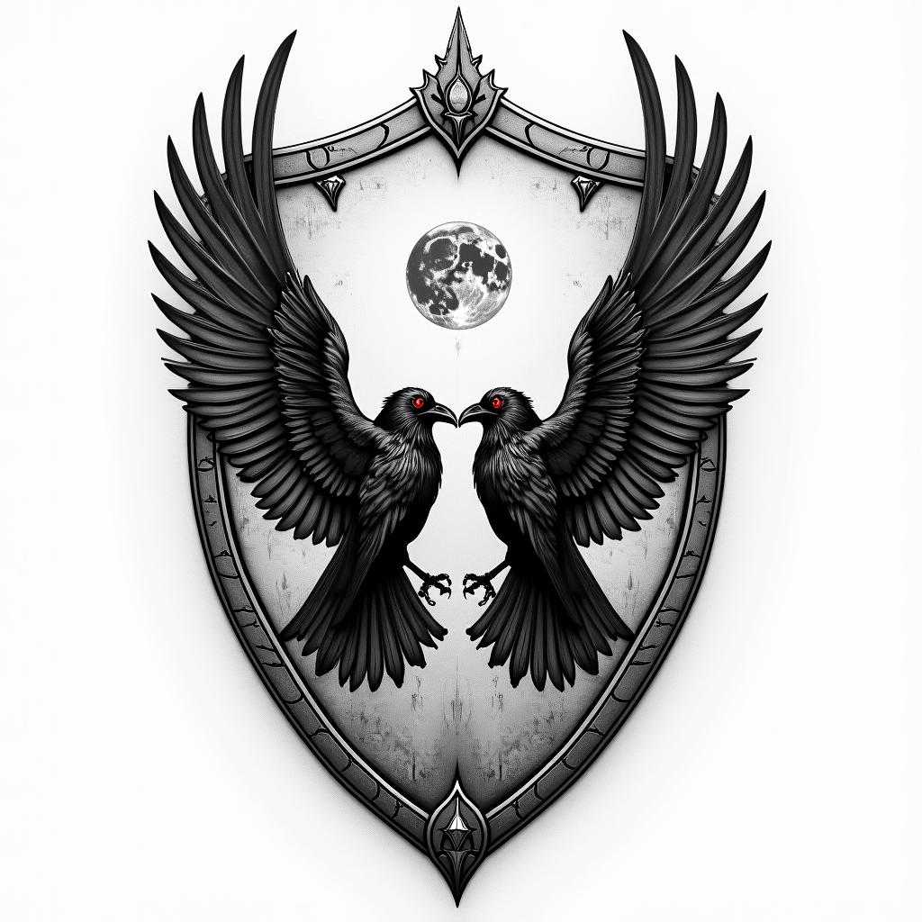 Viking shield with writing going around the inside edge “In Ellis We Trust” on the right side and “In Rose We Trust” on the left side, with two Ravens side by side in the middle with a fire background and moonhigly detailed tattoo - Variation 6