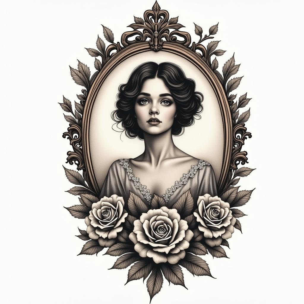 Samuele, Italian-English, Pisces sign, who lives in Tuscany.in victorian style tattoo, featuring vintage and elegant elements, ornate frames, roses, antique, sepia-toned color scheme - Variation 3