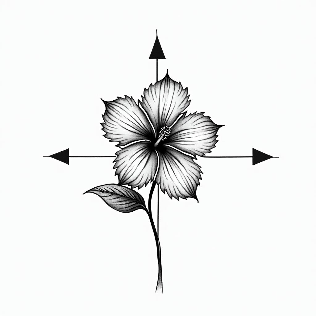 Hibiscus flowerin minimalist style tattoo, featuring simple shapes and fine lines, with minimal shading and details, tiny triangles, creating a sense of balance and harmony - Variation 5