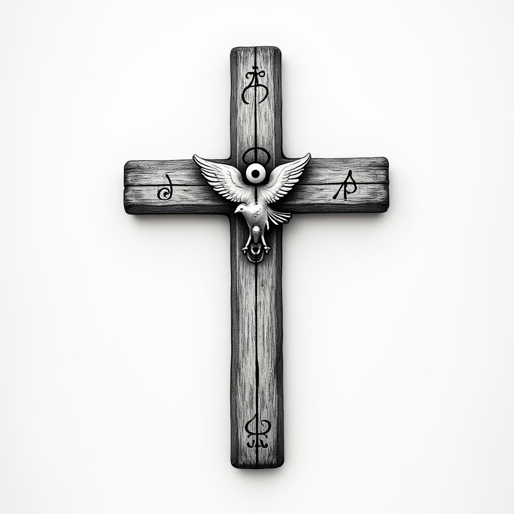 WOODEN CROSS WITH NAME "BUB" and date 03/23/1991 on one side AND "PAP" with date 11/10/1986 on other side  WITH A WHITE DOVE LANDING ON top of IT and "mom" with 11/17/2017 on the dovein spiritual symbols tattoo style, featuring an intricate design incorporating elements, Hamsa hand, third eye, minimalist composition - Variation 2