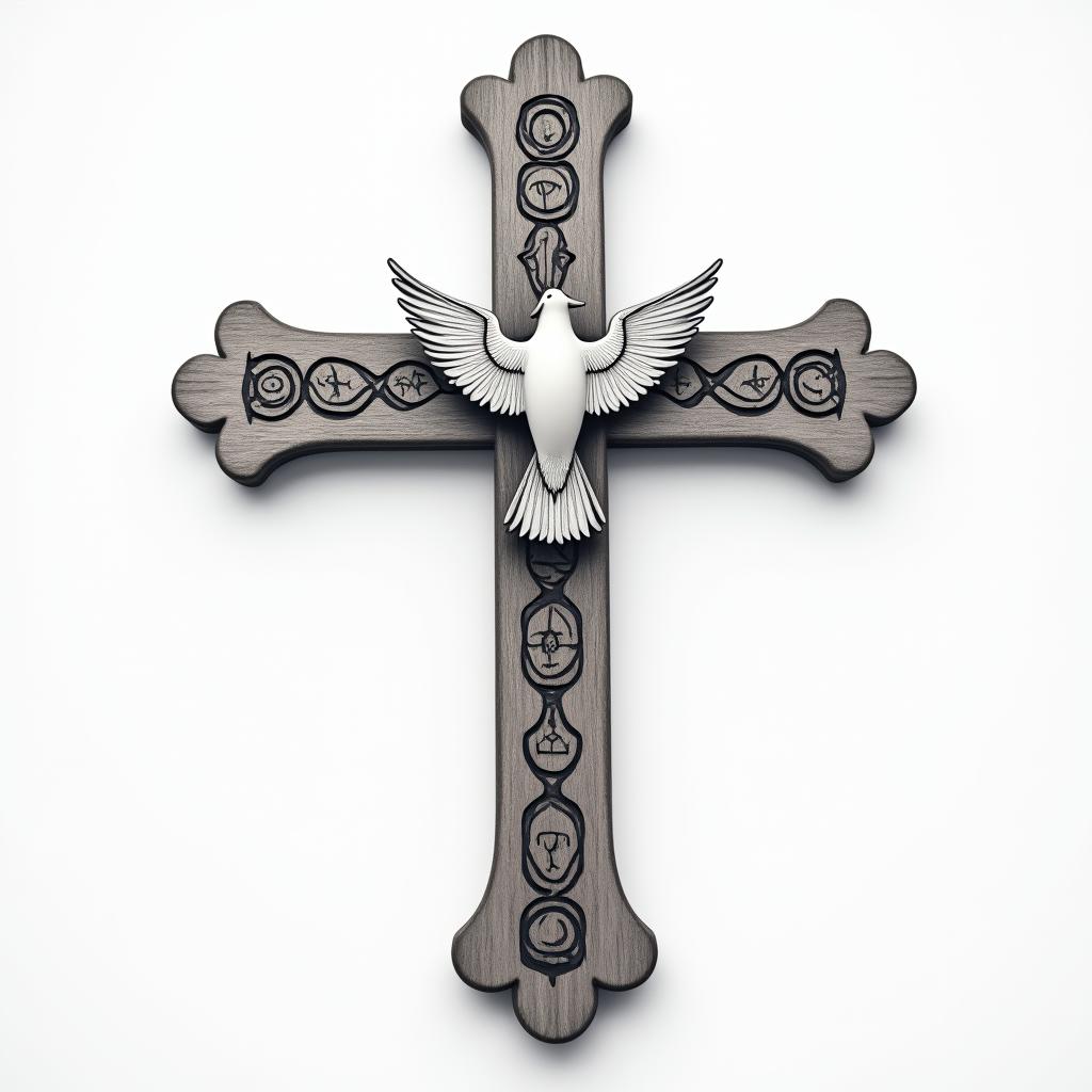 WOODEN CROSS WITH NAME "BUB" and date 03/23/1991 on one side AND "PAP" with date 11/10/1986 on other side  WITH A WHITE DOVE LANDING ON top of IT and "mom" with 11/17/2017 on the dovein spiritual symbols tattoo style, featuring an intricate design incorporating elements, Hamsa hand, third eye, minimalist composition - Variation 3