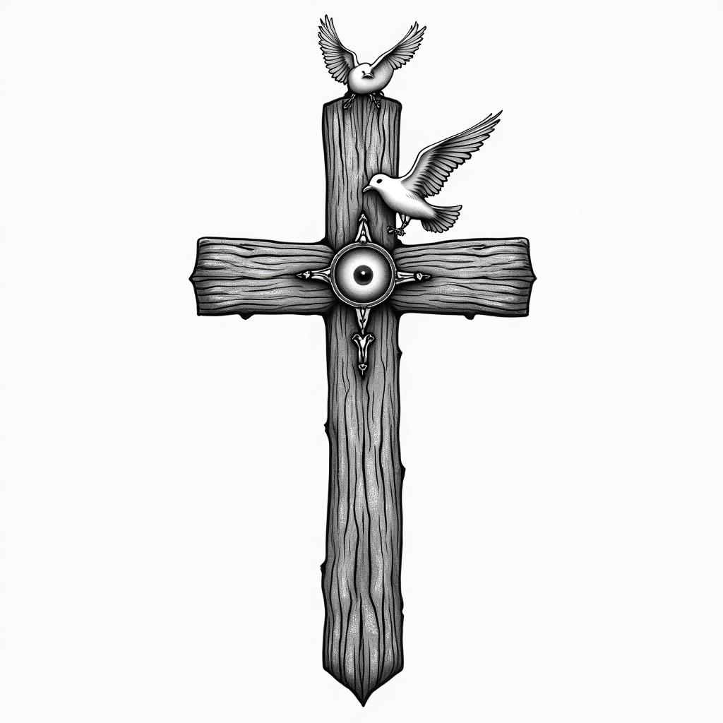 WOODEN CROSS WITH NAME "BUB" and date 03/23/1991 on one side AND "PAP" with date 11/10/1986 on other side  WITH A WHITE DOVE LANDING ON top of IT and "mom" with 11/17/2017 on the dovein spiritual symbols tattoo style, featuring an intricate design incorporating elements, Hamsa hand, third eye, minimalist composition - Variation 4