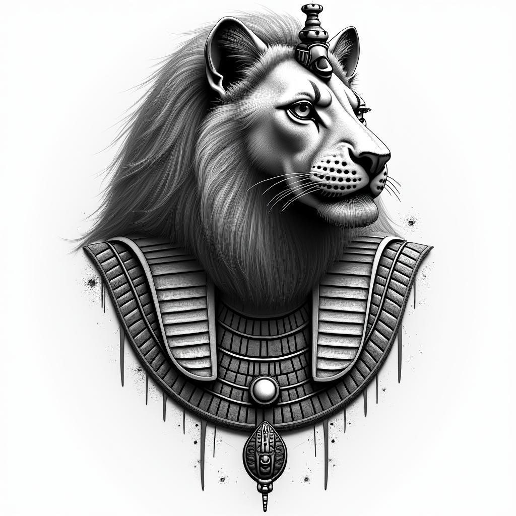 Lionking Battle ready warriorin egyptian style tattoo, bold elements of ancient egyptian culture including a portrait of an Egyptian pharaoh with detailed facial features, in hieroglyphs and symbolic imagery, eye of horus, ankh symbol, scarab beetle