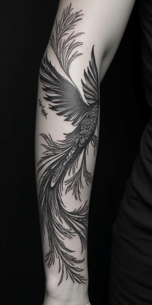 forearm cover up, phoenixin ornamental tattoo style, featuring intricate symmetrical patterns and floral designs, showcasing highly detailed line work and geometric shapes, creating a sense of elegance and balance - Variation 4
