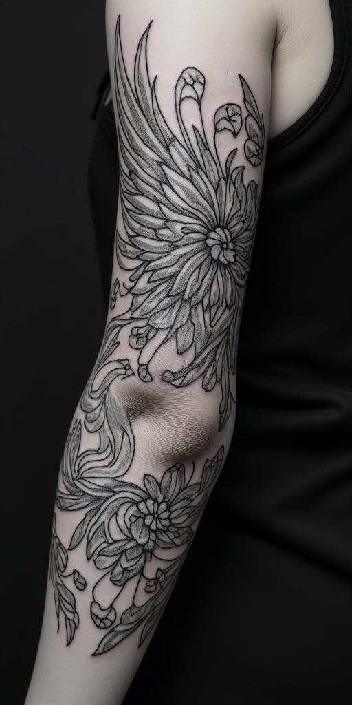 forearm cover up, phoenixin ornamental tattoo style, featuring intricate symmetrical patterns and floral designs, showcasing highly detailed line work and geometric shapes, creating a sense of elegance and balance