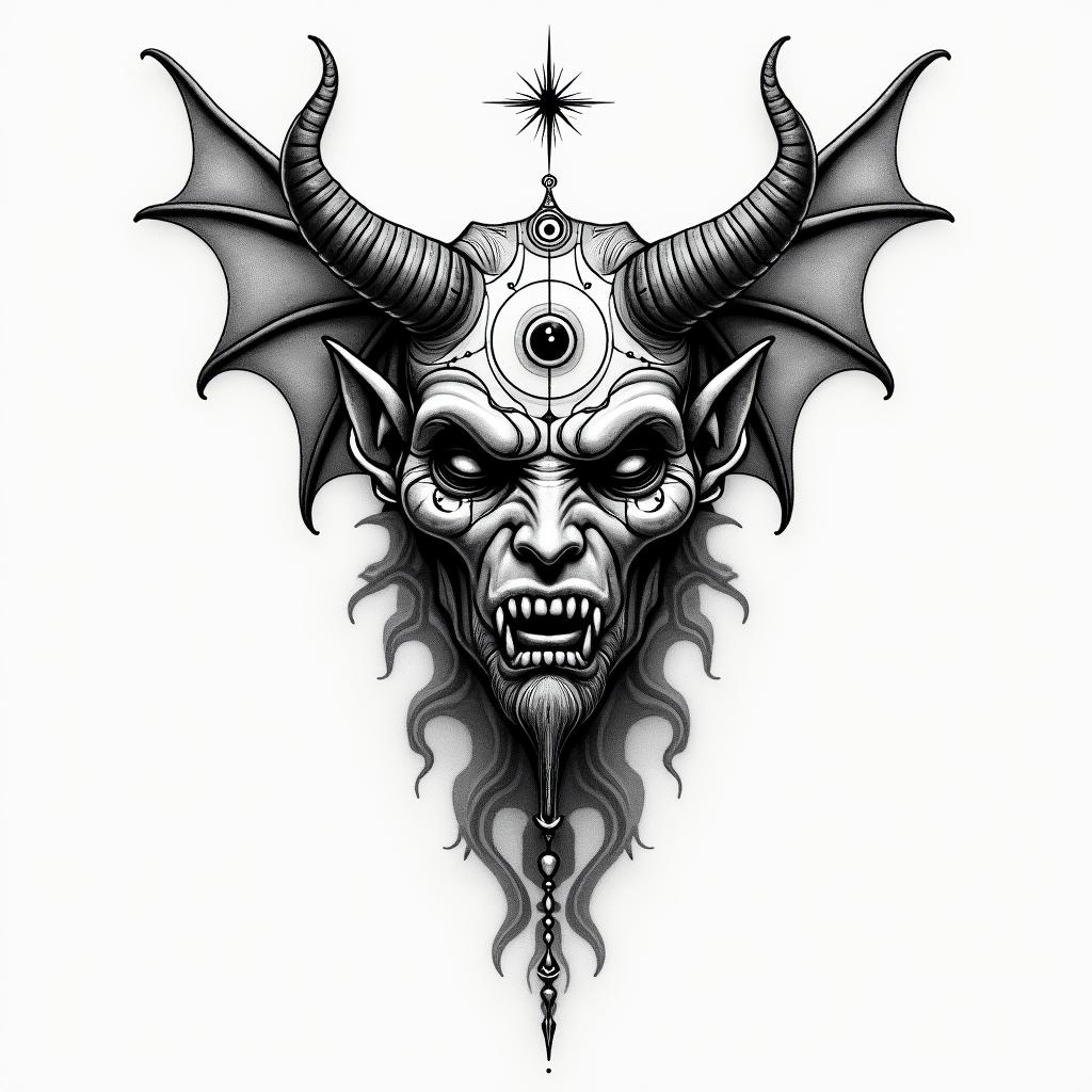 The devil being defeated by lightin spiritual symbols tattoo style, featuring an intricate design incorporating elements, Hamsa hand, third eye, minimalist composition - Variation 3