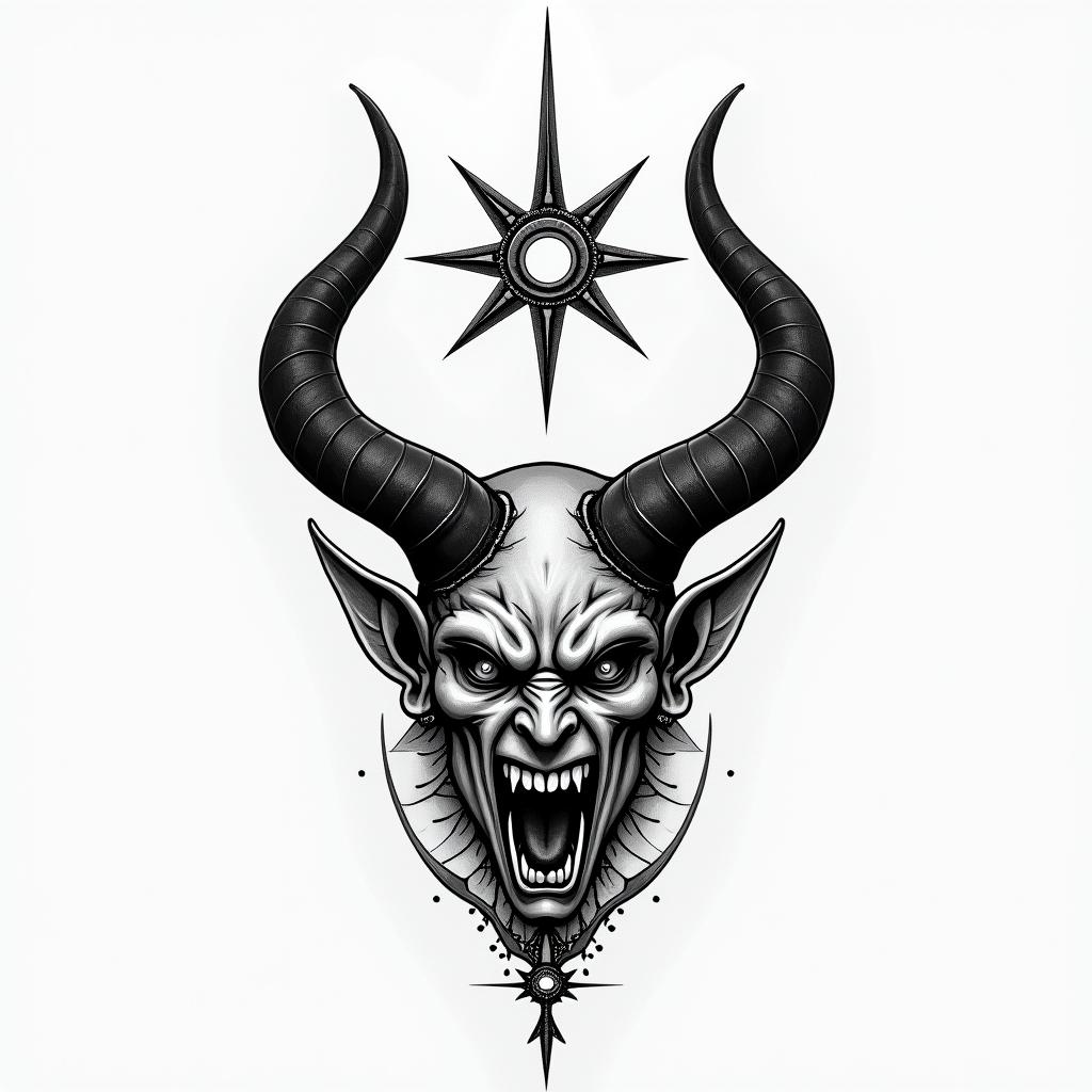 The devil being defeated by lightin spiritual symbols tattoo style, featuring an intricate design incorporating elements, Hamsa hand, third eye, minimalist composition