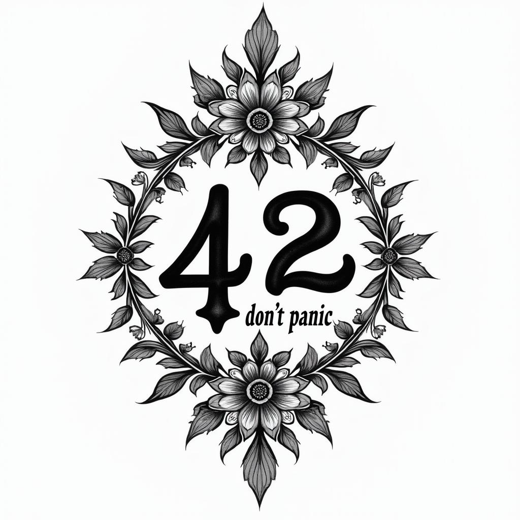 The number 42 and the words don’t panicin ornamental tattoo style, featuring intricate symmetrical patterns and floral designs, showcasing highly detailed line work and geometric shapes, creating a sense of elegance and balance