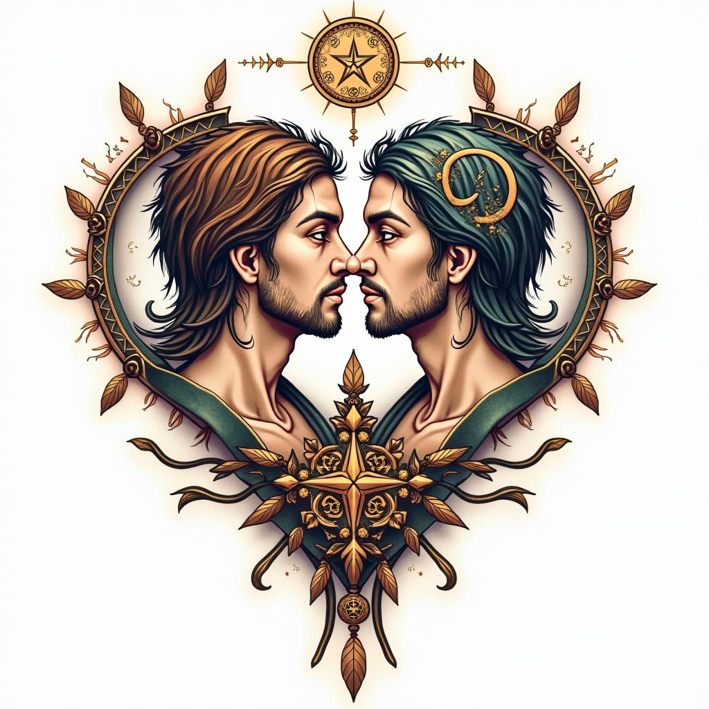 gay lover soul mate educator naturist compassionate
in paganic style tattoo, featuring ancient symbols, add vegvisir symbol, mystical figures, incorporating designs, pentagrams, runes, crescent moons,