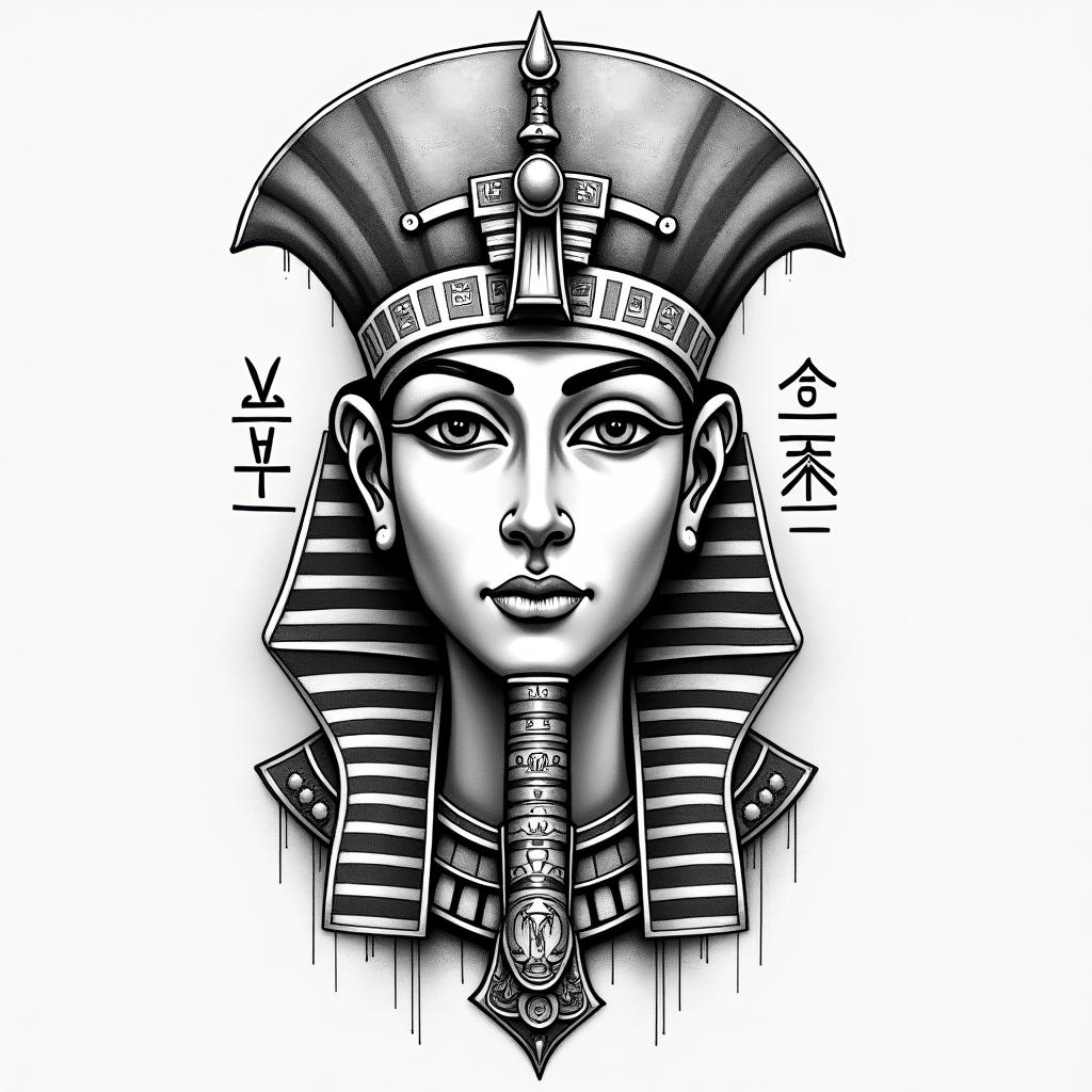 Samuele, Italian-English Pisces who lives in Tuscany.in egyptian style tattoo, bold elements of ancient egyptian culture including a portrait of an Egyptian pharaoh with detailed facial features, in hieroglyphs and symbolic imagery, eye of horus, ankh symbol, scarab beetle
