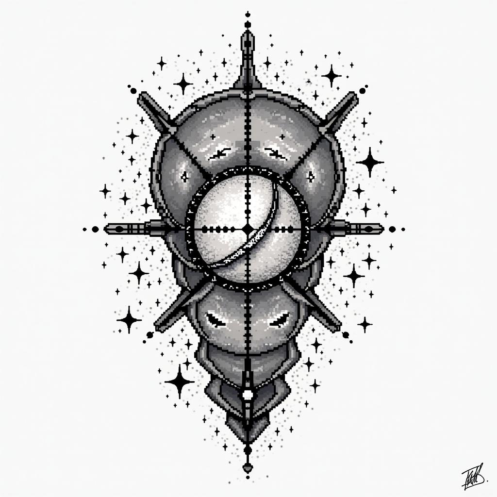 Generate a 20-centimeter color tattoo about astronomy on the ribcage to cover another tattoo.in 8-bit tattoo style, minimalistic pixel style tattoo, pixel art with simplified shapes and retro gaming visuals, inspired by 8-bit pixel based detailing