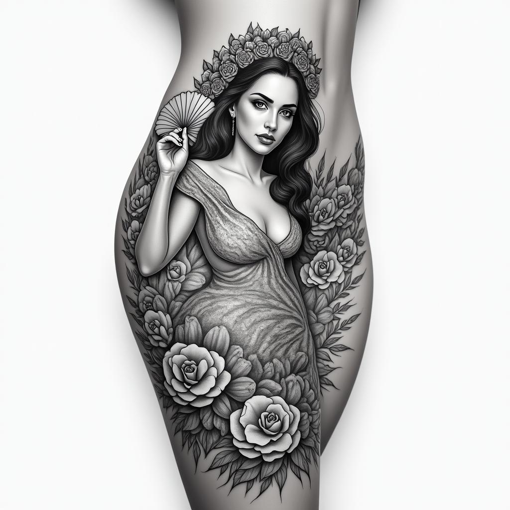 Side thigh tattoo image of Maria Padilha holding a fan with a floral background of roses.higly detailed tattoo - Variation 8