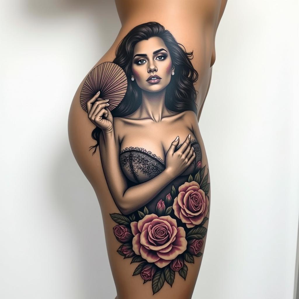 Side thigh tattoo image of Maria Padilha holding a fan with a floral background of roses.higly detailed tattoo - Variation 5