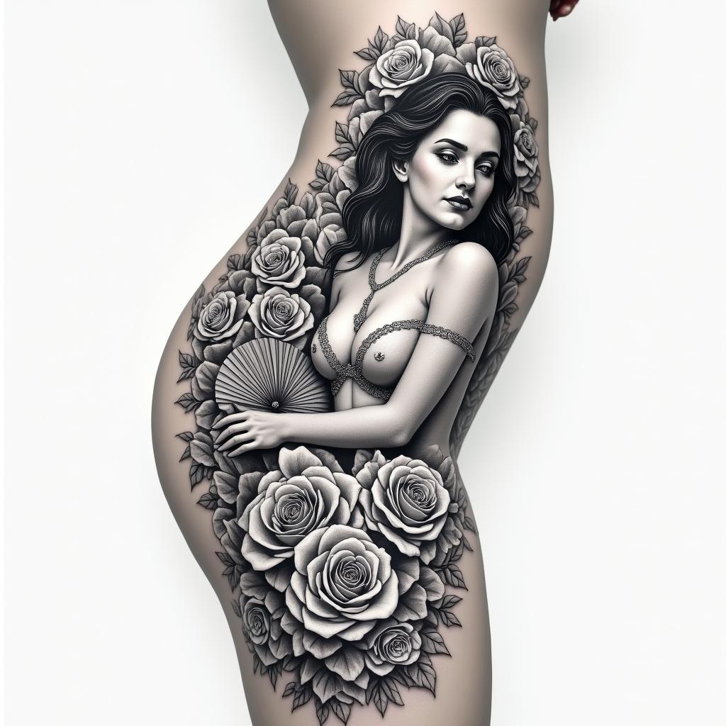 Side thigh tattoo image of Maria Padilha holding a fan with a floral background of roses.higly detailed tattoo - Variation 6