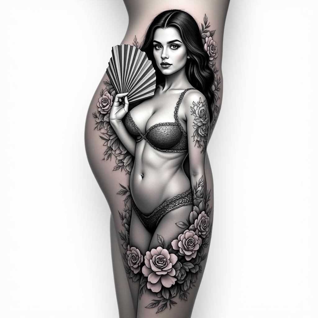 Side thigh tattoo image of Maria Padilha holding a fan with a floral background of roses.higly detailed tattoo - Variation 7