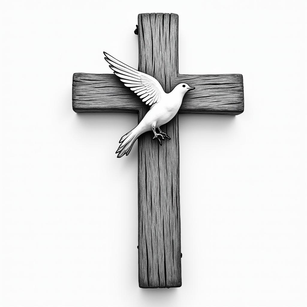 WOODEN CROSS WITH NAME "BUB" and date 03/23/1991 on one side AND "PAP" with date 11/10/1986 on other side WITH A WHITE DOVE LANDING ON top of IT and "mom" with 11/17/2017 on the dovehigly detailed tattoo - Variation 8
