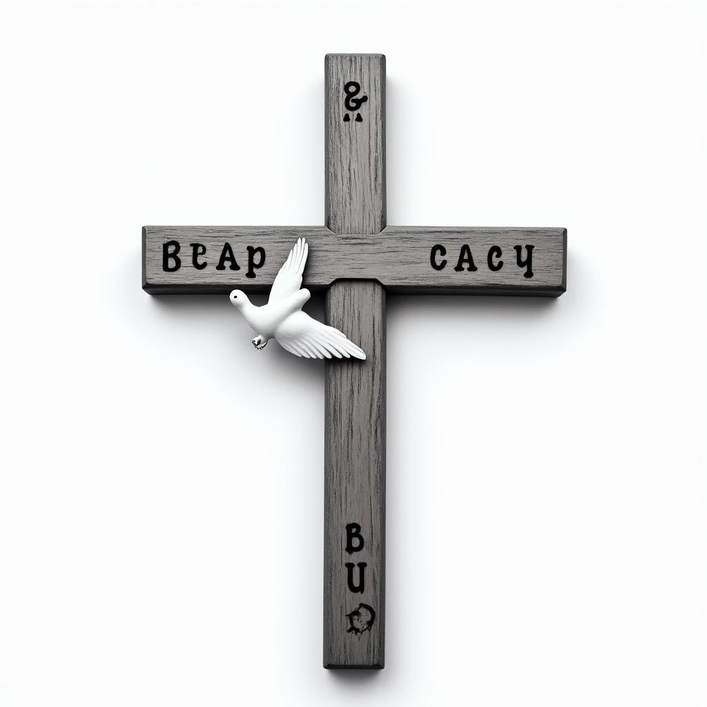 WOODEN CROSS WITH NAME "BUB" and date 03/23/1991 on one side AND "PAP" with date 11/10/1986 on other side WITH A WHITE DOVE LANDING ON top of IT and "mom" with 11/17/2017 on the dovehigly detailed tattoo - Variation 7