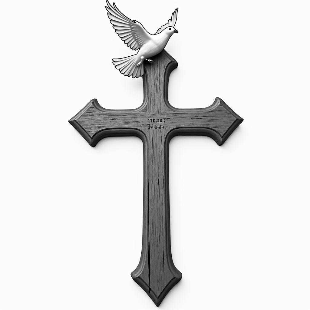 WOODEN CROSS WITH NAME "BUB" and date 03/23/1991 on one side AND "PAP" with date 11/10/1986 on other side WITH A WHITE DOVE LANDING ON top of IT and "mom" with 11/17/2017 on the dovehigly detailed tattoo - Variation 5