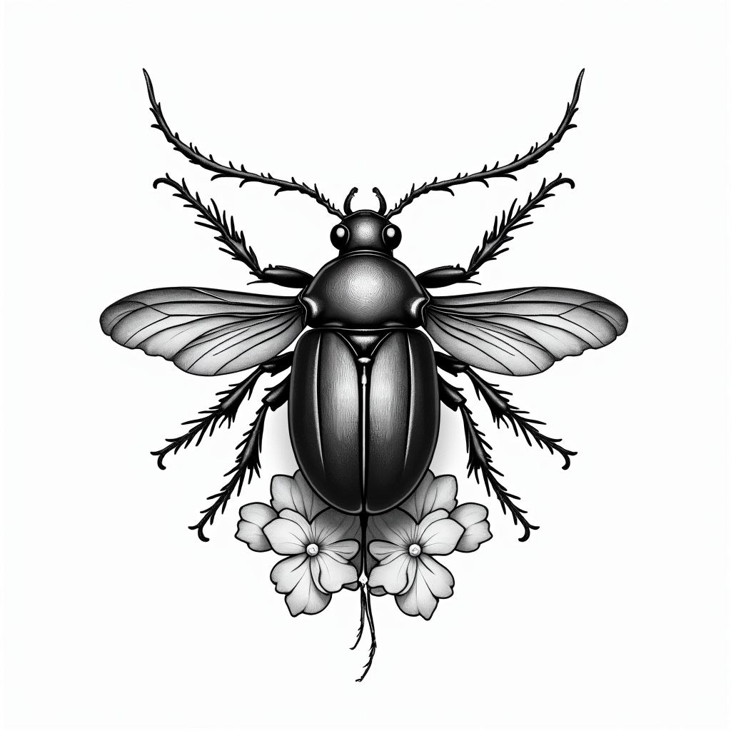 Blackwork beetle with a few flowershigly detailed tattoo