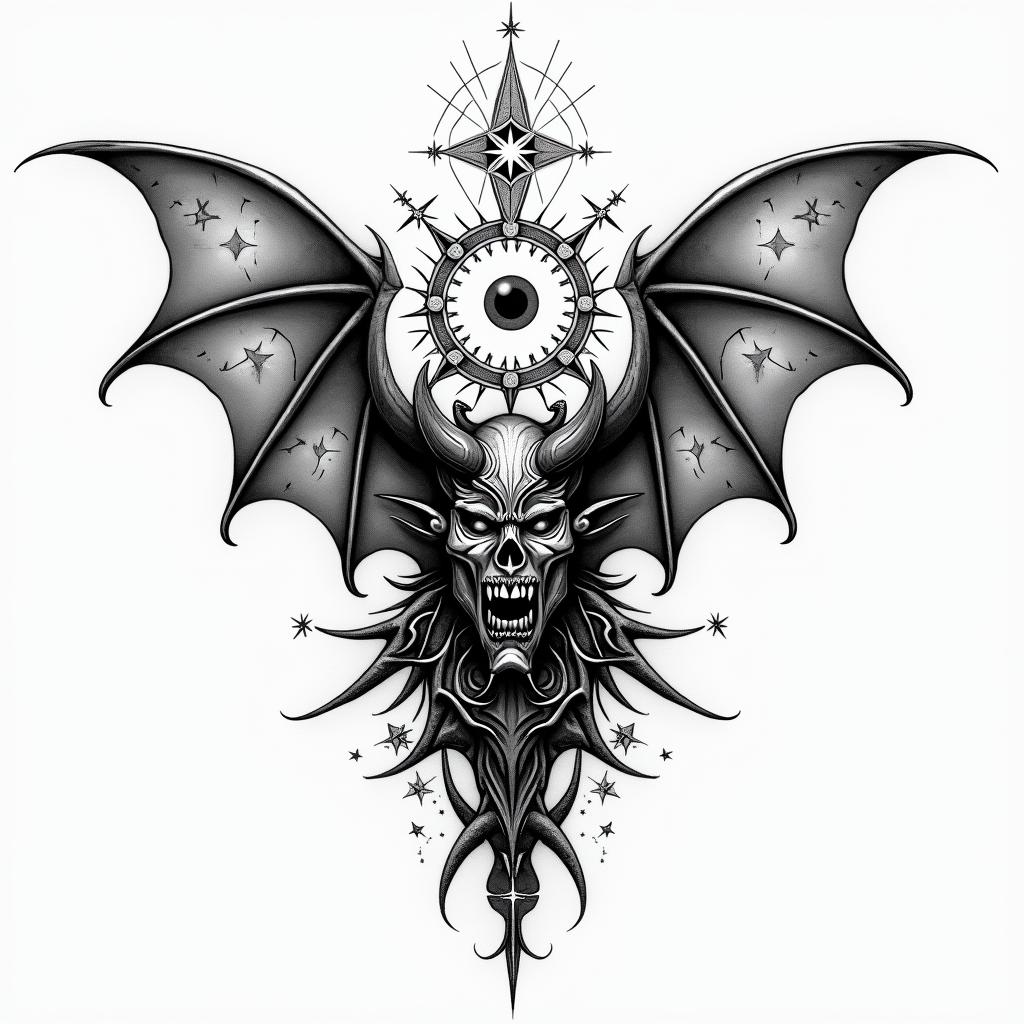 The devil being defeated by lightin prophecy tattoo style, featuring mystical symbols, celestial imagery like stars, moons, suns, geometric patterns, foretelling elements, an eye of wisdom - Variation 2