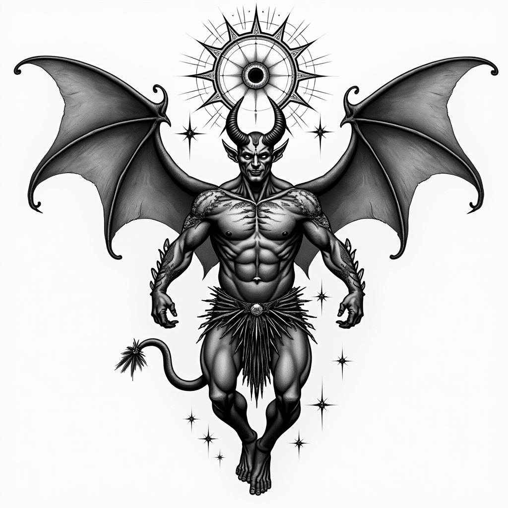 The devil being defeated by lightin prophecy tattoo style, featuring mystical symbols, celestial imagery like stars, moons, suns, geometric patterns, foretelling elements, an eye of wisdom