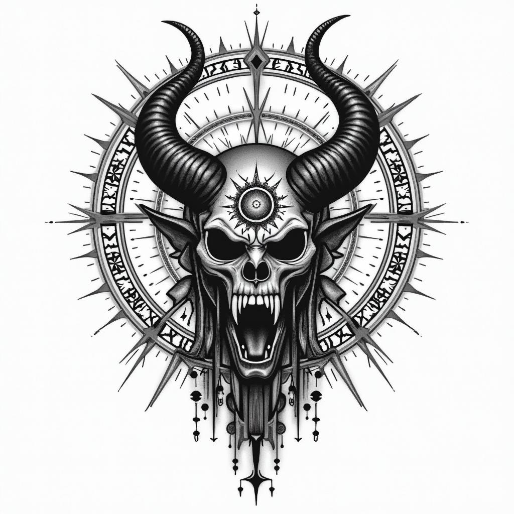 The devil being defeated by lightin prophecy tattoo style, featuring mystical symbols, celestial imagery like stars, moons, suns, geometric patterns, foretelling elements, an eye of wisdom - Variation 4