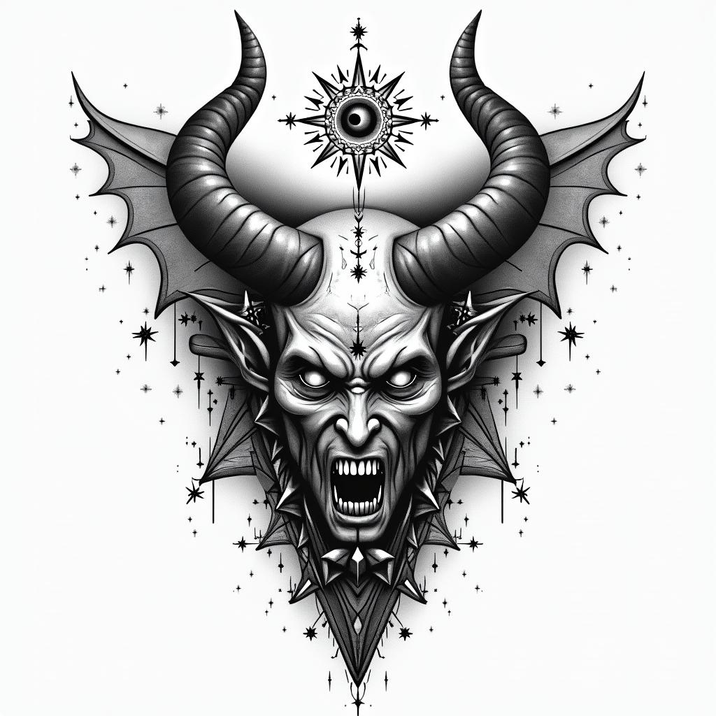 The devil being defeated by lightin prophecy tattoo style, featuring mystical symbols, celestial imagery like stars, moons, suns, geometric patterns, foretelling elements, an eye of wisdom - Variation 3