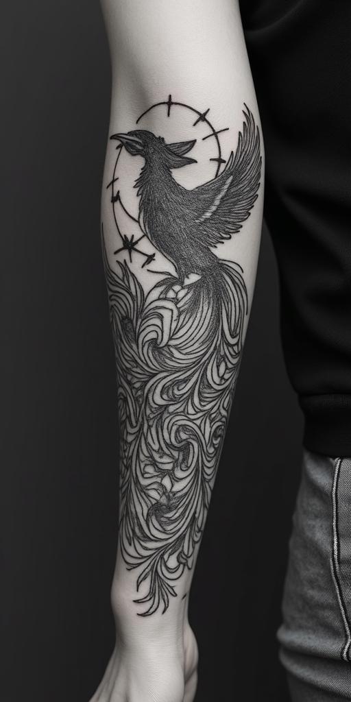 forearm cover up, phoenixin dotwork style tattoo, complex mandala patterns, interlocking geometric shapes with sharp symmetry, clean lines, sharp angles - Variation 4