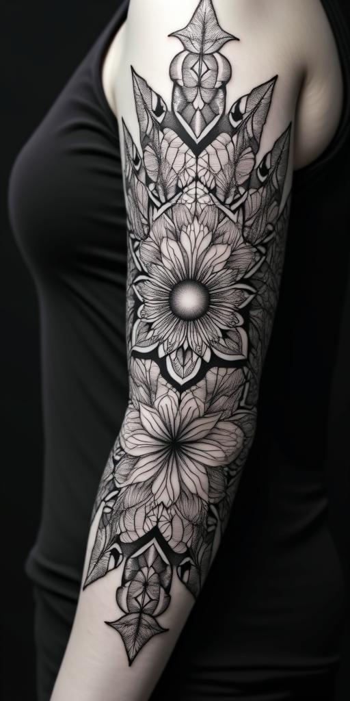 forearm cover up, phoenixin dotwork style tattoo, complex mandala patterns, interlocking geometric shapes with sharp symmetry, clean lines, sharp angles - Variation 3