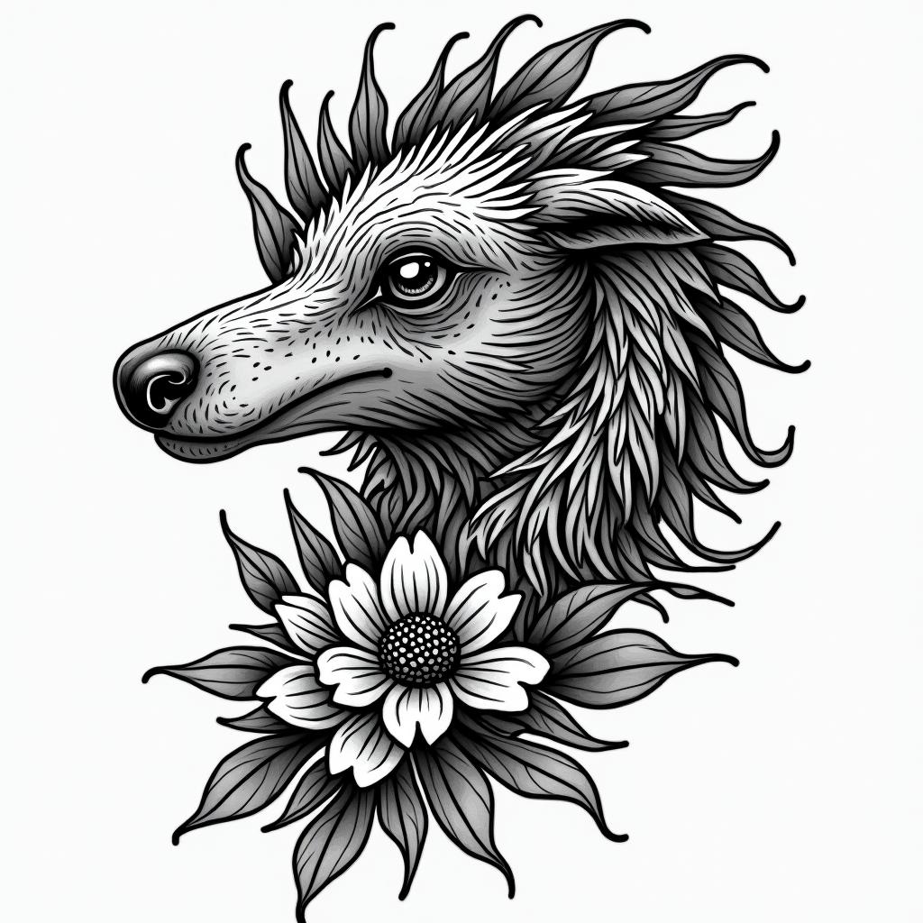 DeDe, Aries, Newberryin authentic tattoo style, incorporating traditional modifications, bold black outlines, solid color fills, featuring classic authentic elements - Variation 3