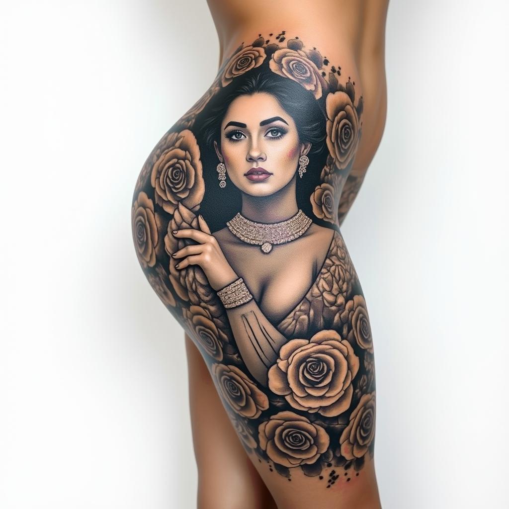 Side thigh tattoo image of Maria Padilha holding a fan with a floral background of roses.higly detailed tattoo - Variation 4
