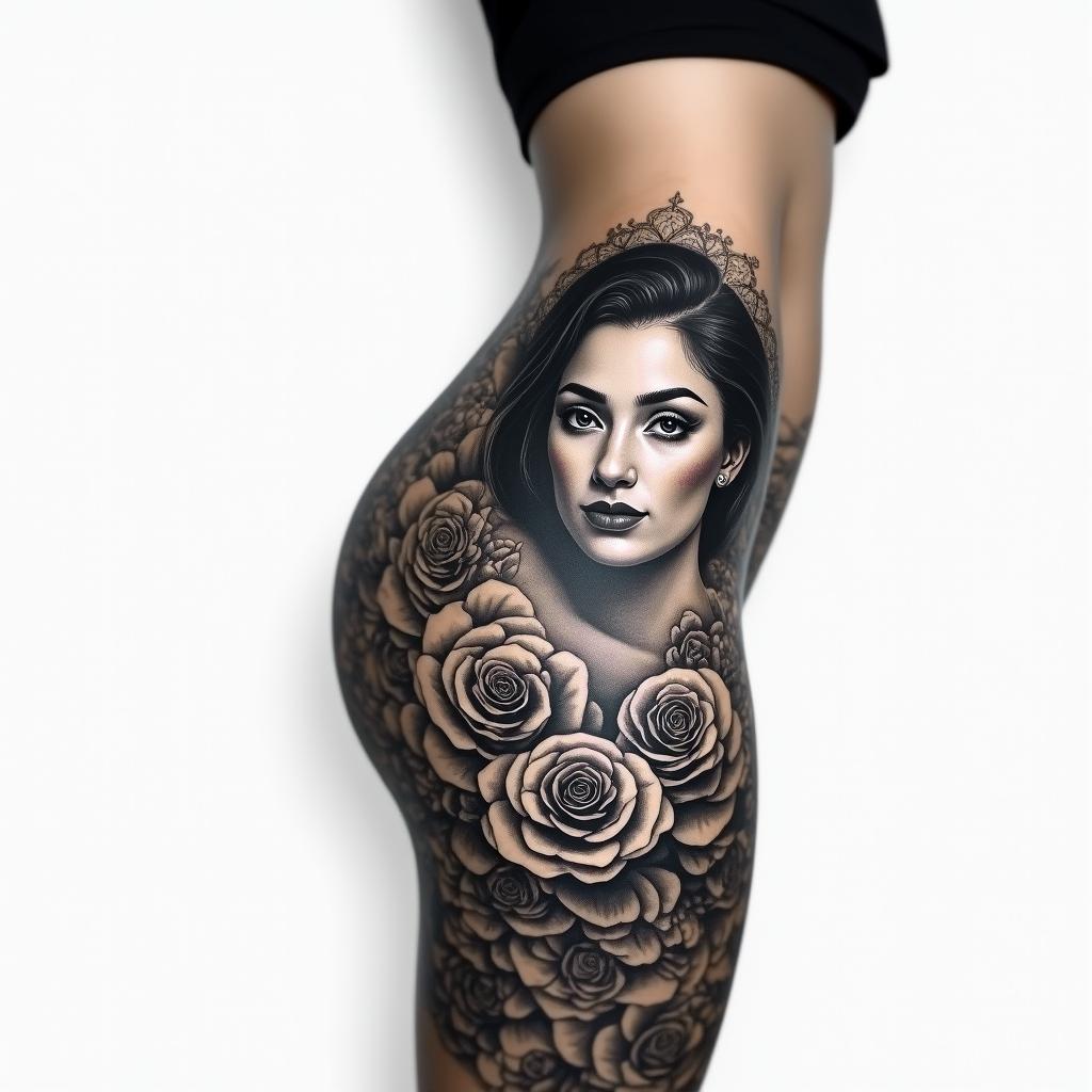 Side thigh tattoo image of Maria Padilha holding a fan with a floral background of roses.higly detailed tattoo