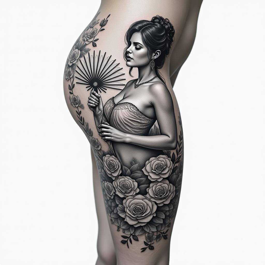 Side thigh tattoo image of Maria Padilha holding a fan with a floral background of roses.higly detailed tattoo - Variation 3