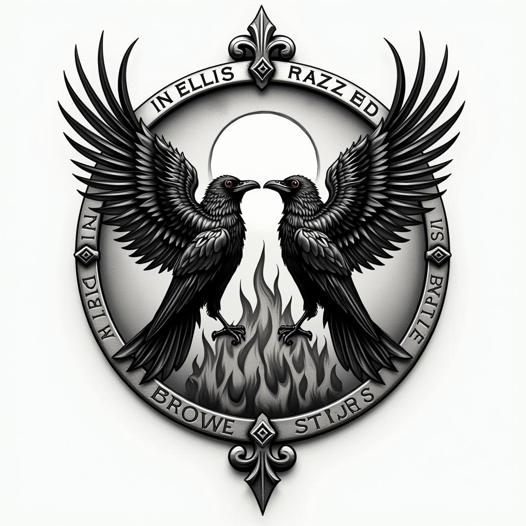 Viking shield with writing going around the inside edge “In Ellis We Trust” on the right side and “In Rose We Trust” on the left side, with two Ravens side by side in the middle with a fire background and moonhigly detailed tattoo - Variation 4