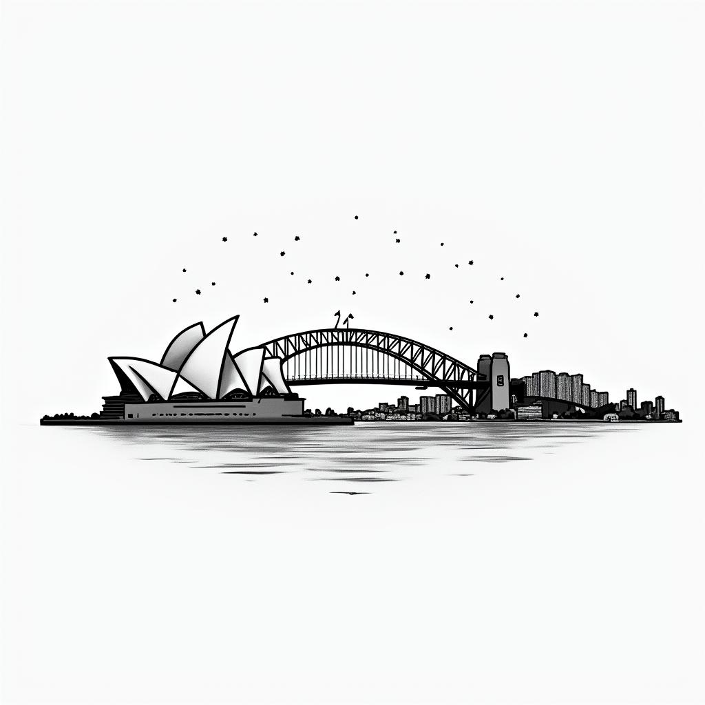 Sydney opera house and bridge skylinein minimalist style tattoo, featuring simple shapes and fine lines, with minimal shading and details, tiny triangles, creating a sense of balance and harmony - Variation 4