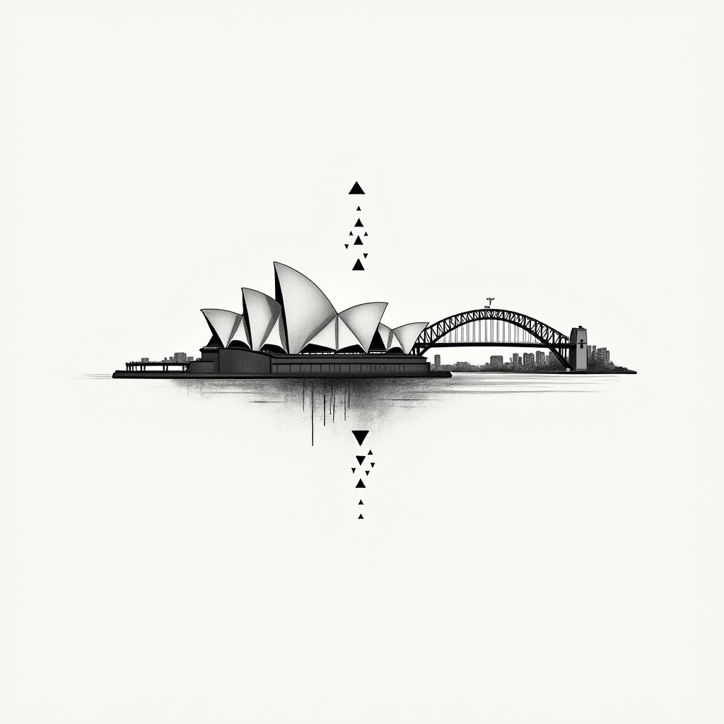 Sydney opera house and bridge skylinein minimalist style tattoo, featuring simple shapes and fine lines, with minimal shading and details, tiny triangles, creating a sense of balance and harmony - Variation 3