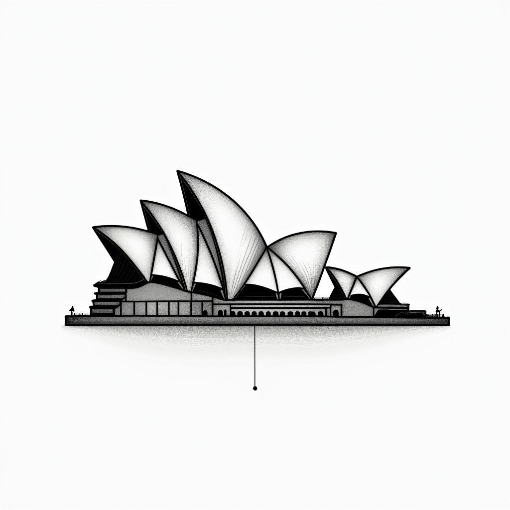 Sydney opera house and bridge skylinein minimalist style tattoo, featuring simple shapes and fine lines, with minimal shading and details, tiny triangles, creating a sense of balance and harmony