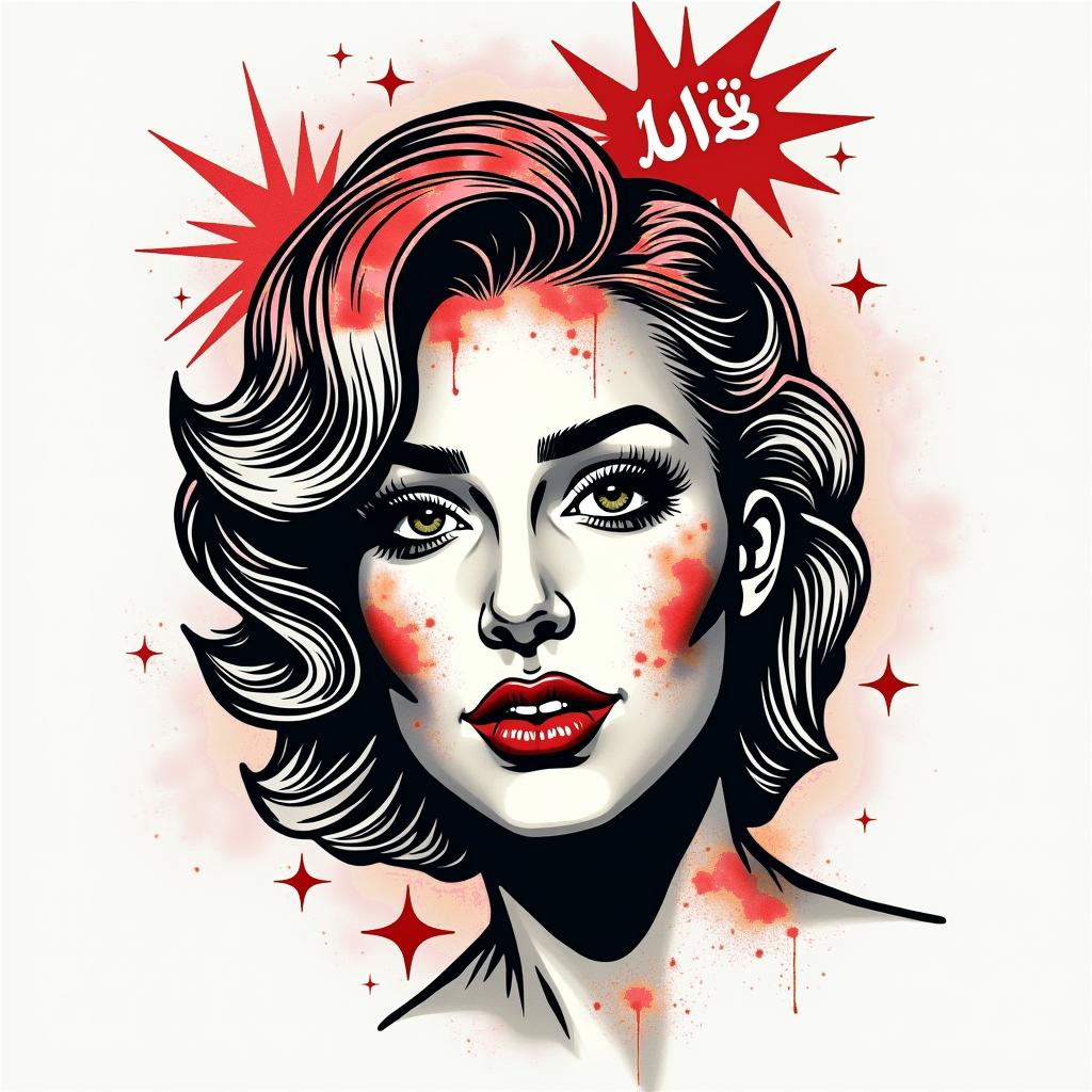 Palestinein pop art style tattoo, featuring bold and vibrant colors, exaggerated outlines, iconic imagery, inspired by comic books and speech bubbles, comic book characters, retro pop culture - Variation 2