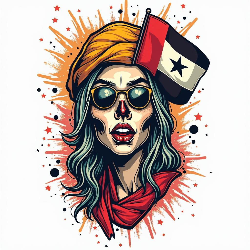 Palestinein pop art style tattoo, featuring bold and vibrant colors, exaggerated outlines, iconic imagery, inspired by comic books and speech bubbles, comic book characters, retro pop culture