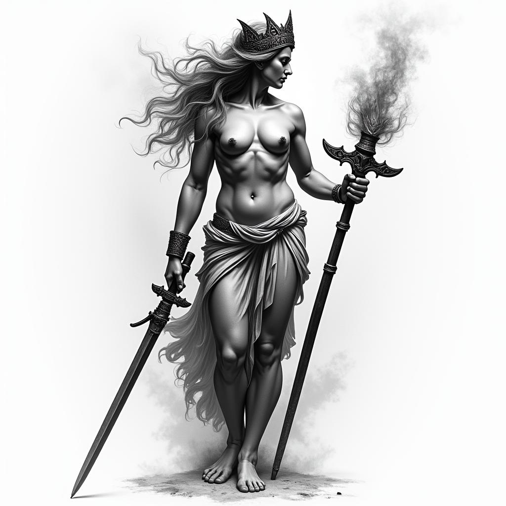 Athena, the goddess of war, firehigly detailed tattoo - Variation 13