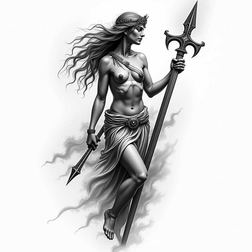 Athena, the goddess of war, firehigly detailed tattoo - Variation 12