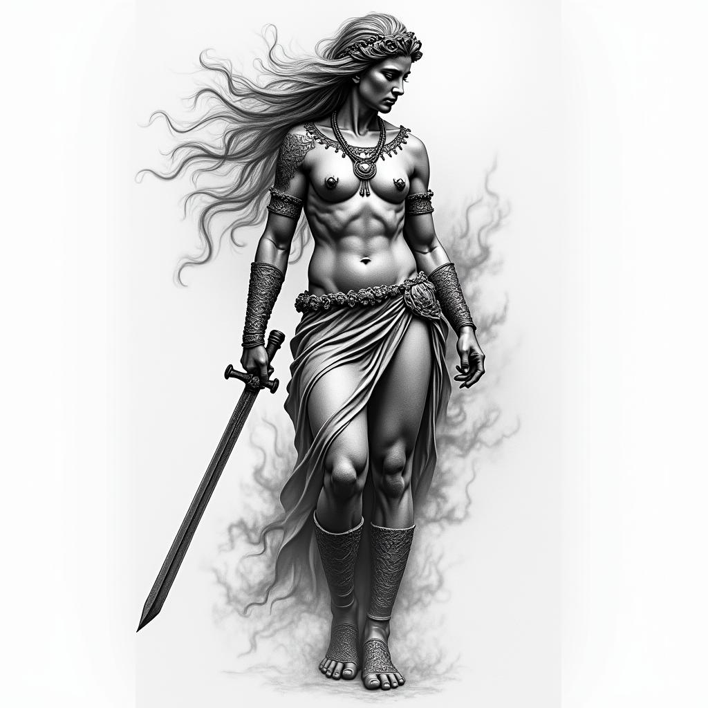 Athena, the goddess of war, firehigly detailed tattoo - Variation 14