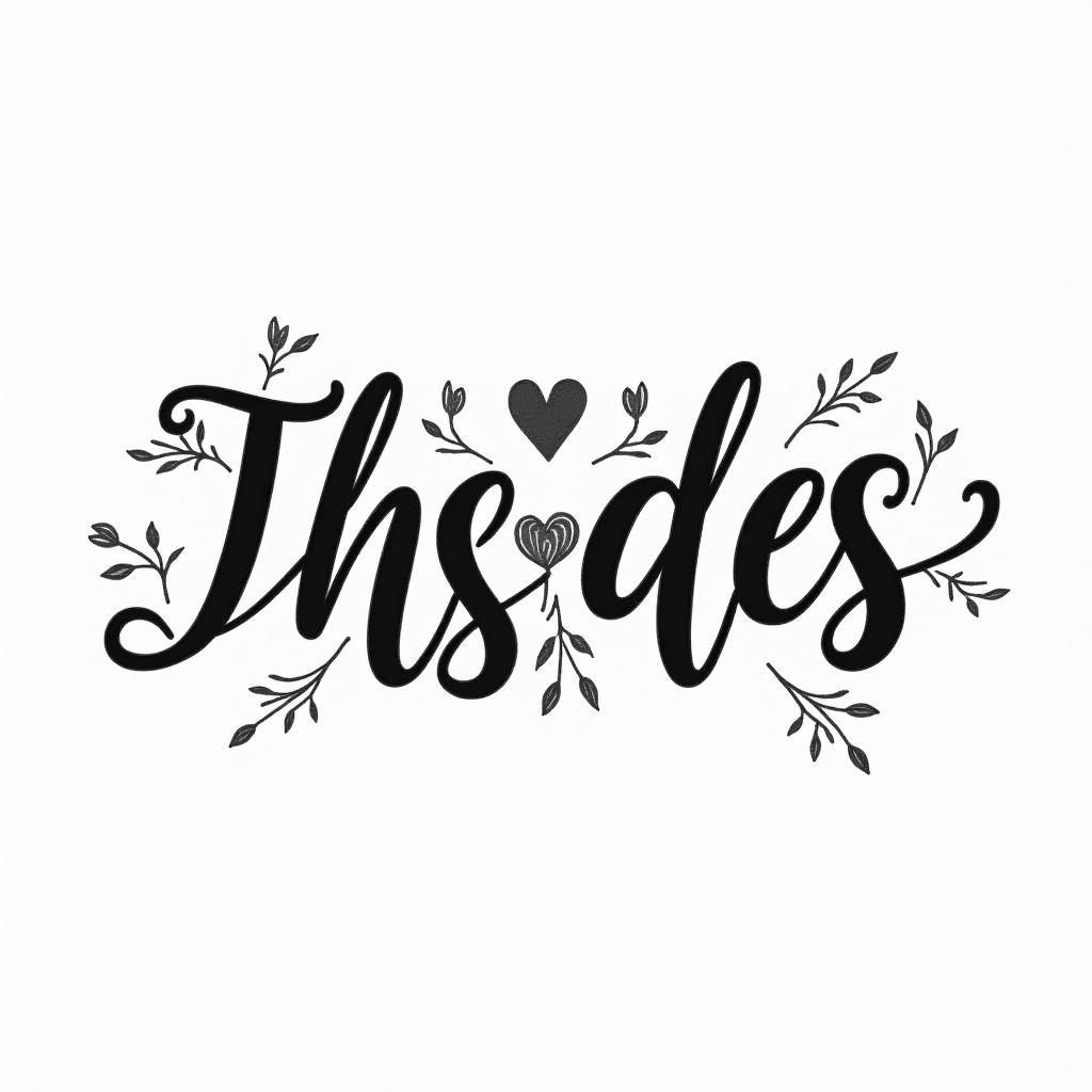 DeDe, Aries, Newberryin elegant cursive calligraphy style 2d tattoo, decorate with roses, featuring a smooth and flowing handwritten script with slightly thickened strokes for a luxurious and bold appearance, heart symbol between names, sleek and glossy black text with shadowing, minimalist matte white background, clean and sharp edges, illuminated with soft lighting, romantic, 8k, high-quality textures with refined typography