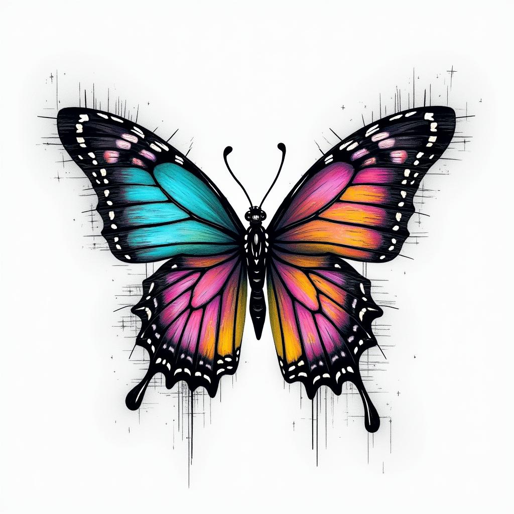 Butterfly with intricate wing patterns But veryI . -in distorted and fragmented tattoo design, featuring a classical statue bust, in a glitch art style with vibrant, overlapping colors of cyan, magenta, and yellow, creating a digital distortion effect - Variation 7