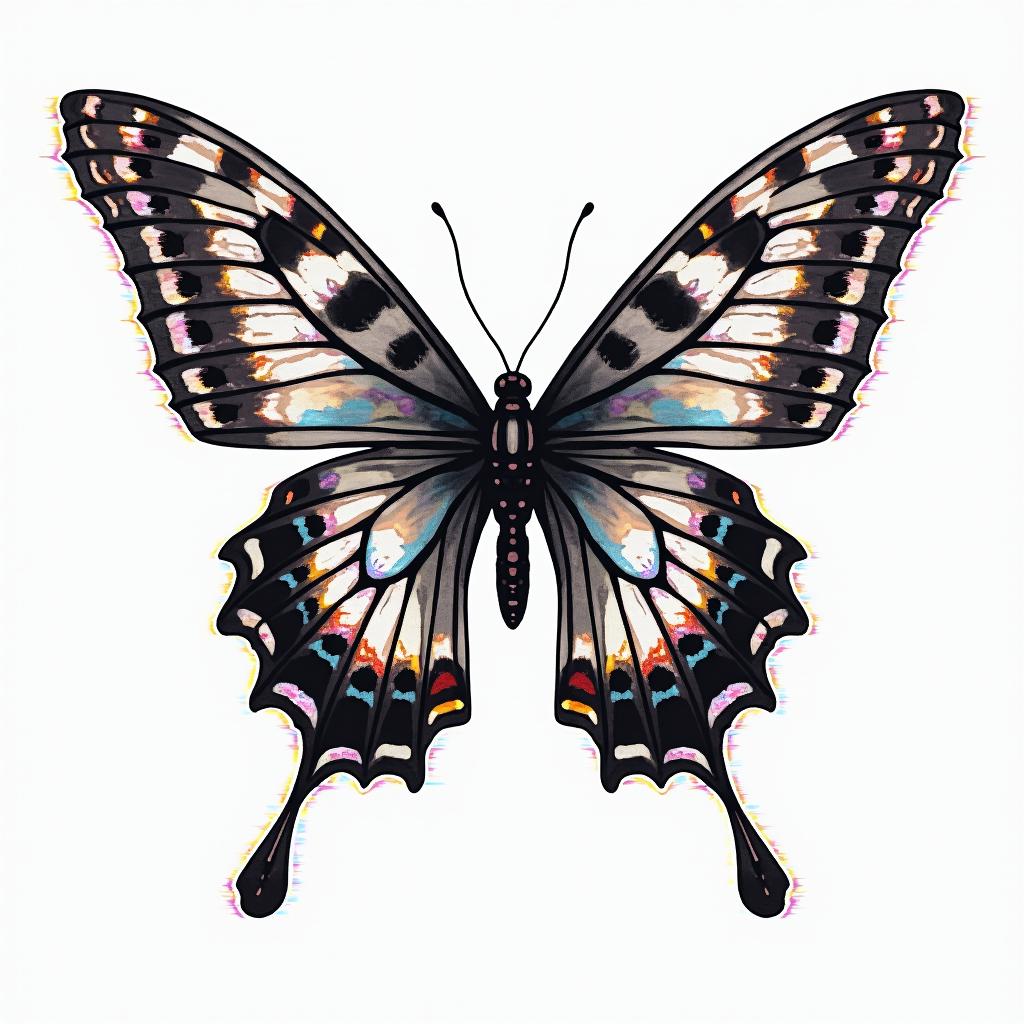 Butterfly with intricate wing patterns But veryI . -in distorted and fragmented tattoo design, featuring a classical statue bust, in a glitch art style with vibrant, overlapping colors of cyan, magenta, and yellow, creating a digital distortion effect - Variation 6