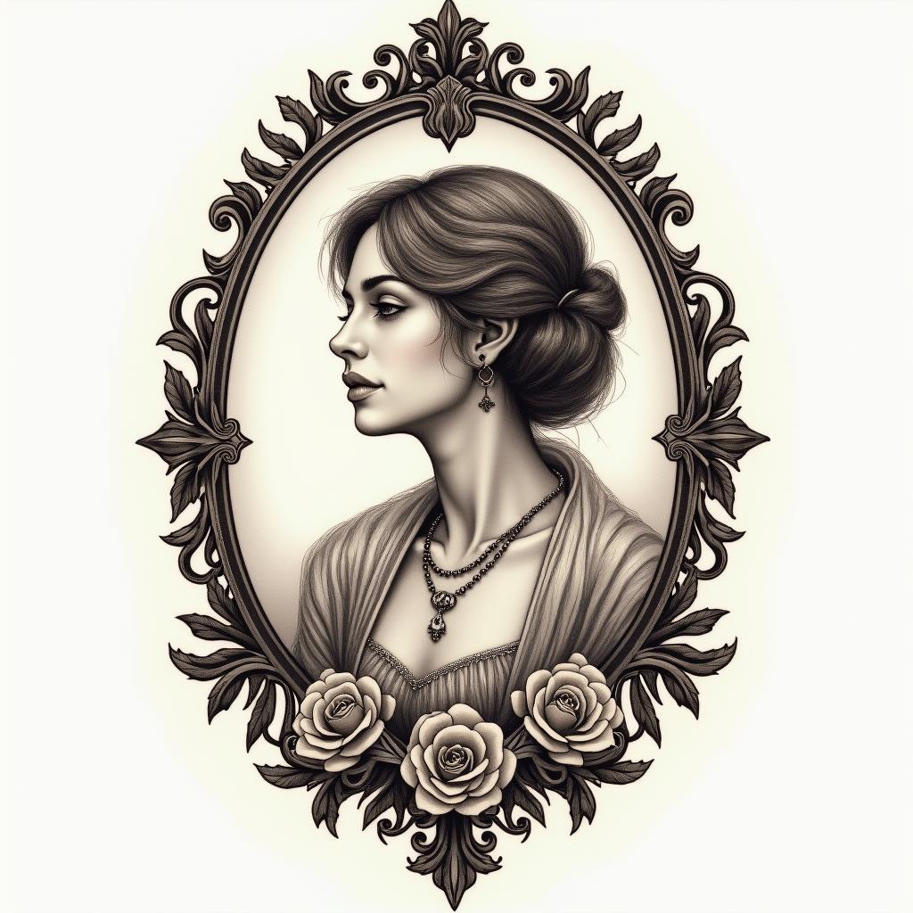 Benjamin  Zwilling  ludwigsburgin victorian style tattoo, featuring vintage and elegant elements, ornate frames, roses, antique, sepia-toned color scheme