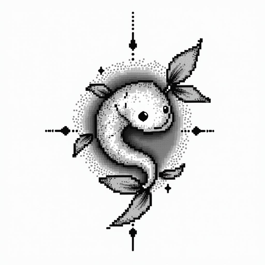 Eduardo, Piscesin 8-bit tattoo style, minimalistic pixel style tattoo, pixel art with simplified shapes and retro gaming visuals, inspired by 8-bit pixel based detailing