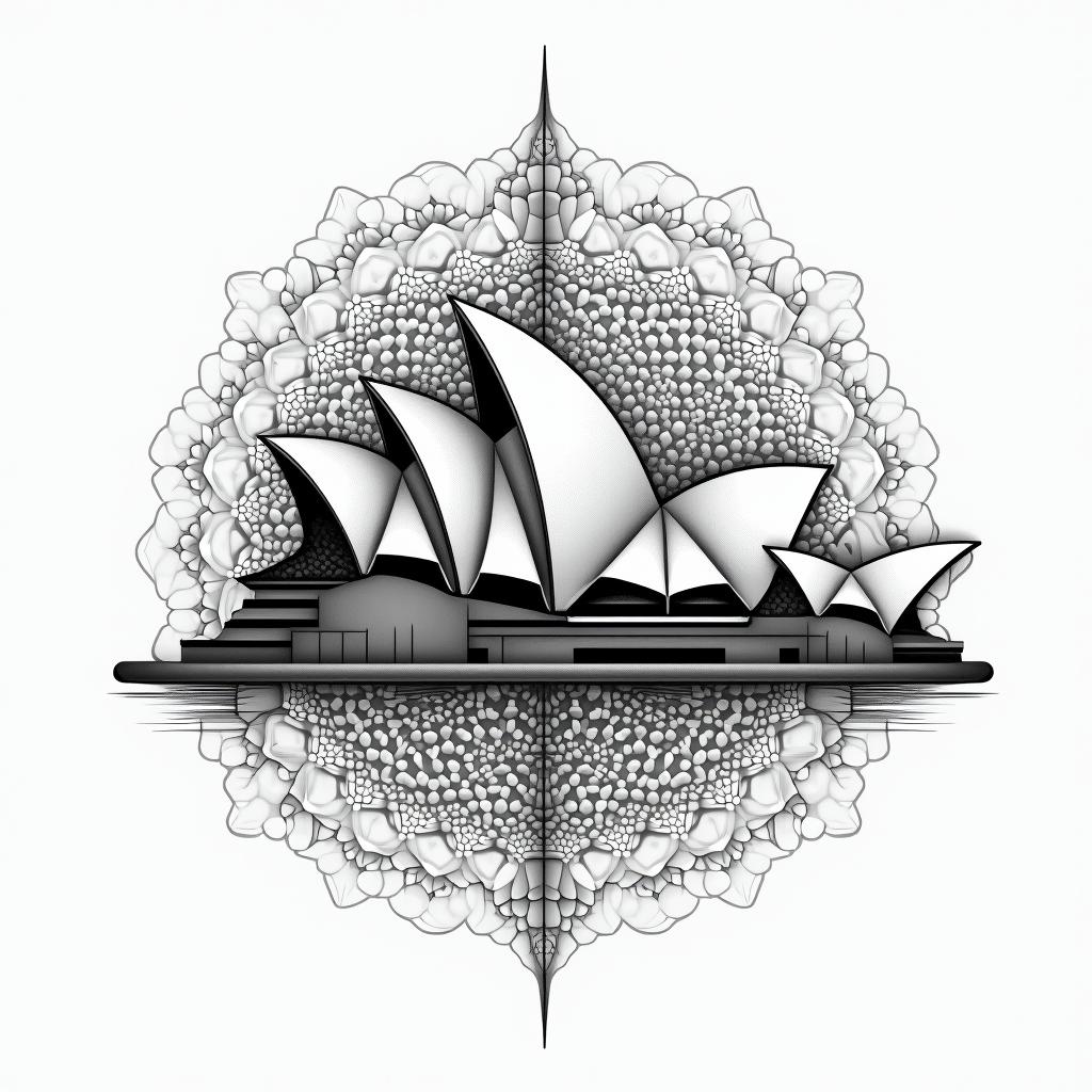 Sydney opera house and bridge skyline in geometric style tattoo, blending hexagons, mandala-inspired patterns, symmetrical and fractal design, clean lines, sharp angles - Variation 4