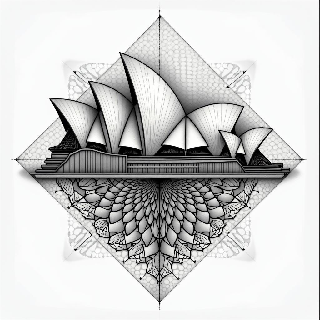 Sydney opera house and bridge skyline in geometric style tattoo, blending hexagons, mandala-inspired patterns, symmetrical and fractal design, clean lines, sharp angles - Variation 2